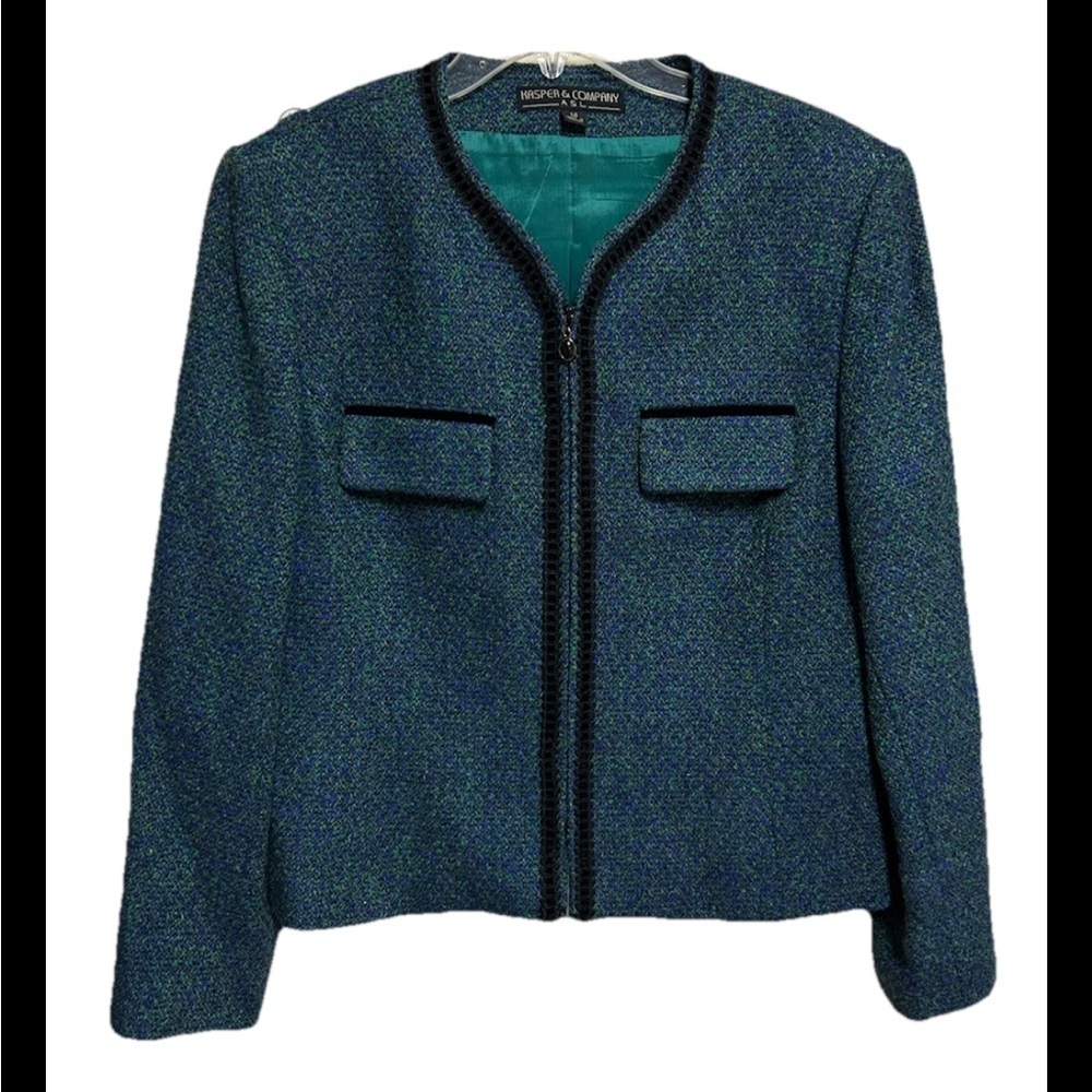 VTG Kasper Blazer Jacket Size 14 Blue Wool Tweed Full Zip Career Classic Preppy